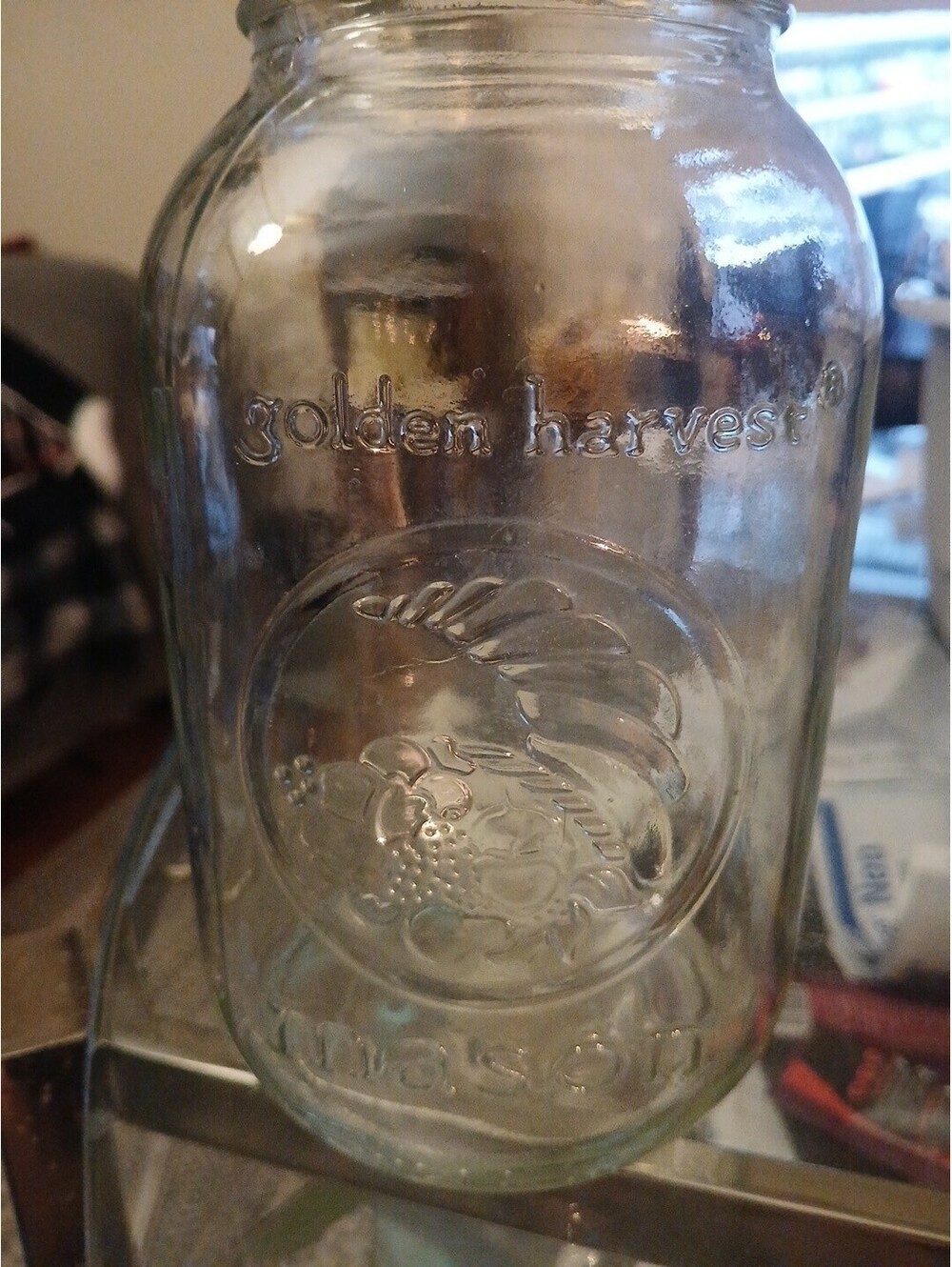 Golden Harvest mason jar featuring a classic embossed "Vintage Fruit" logo 13
